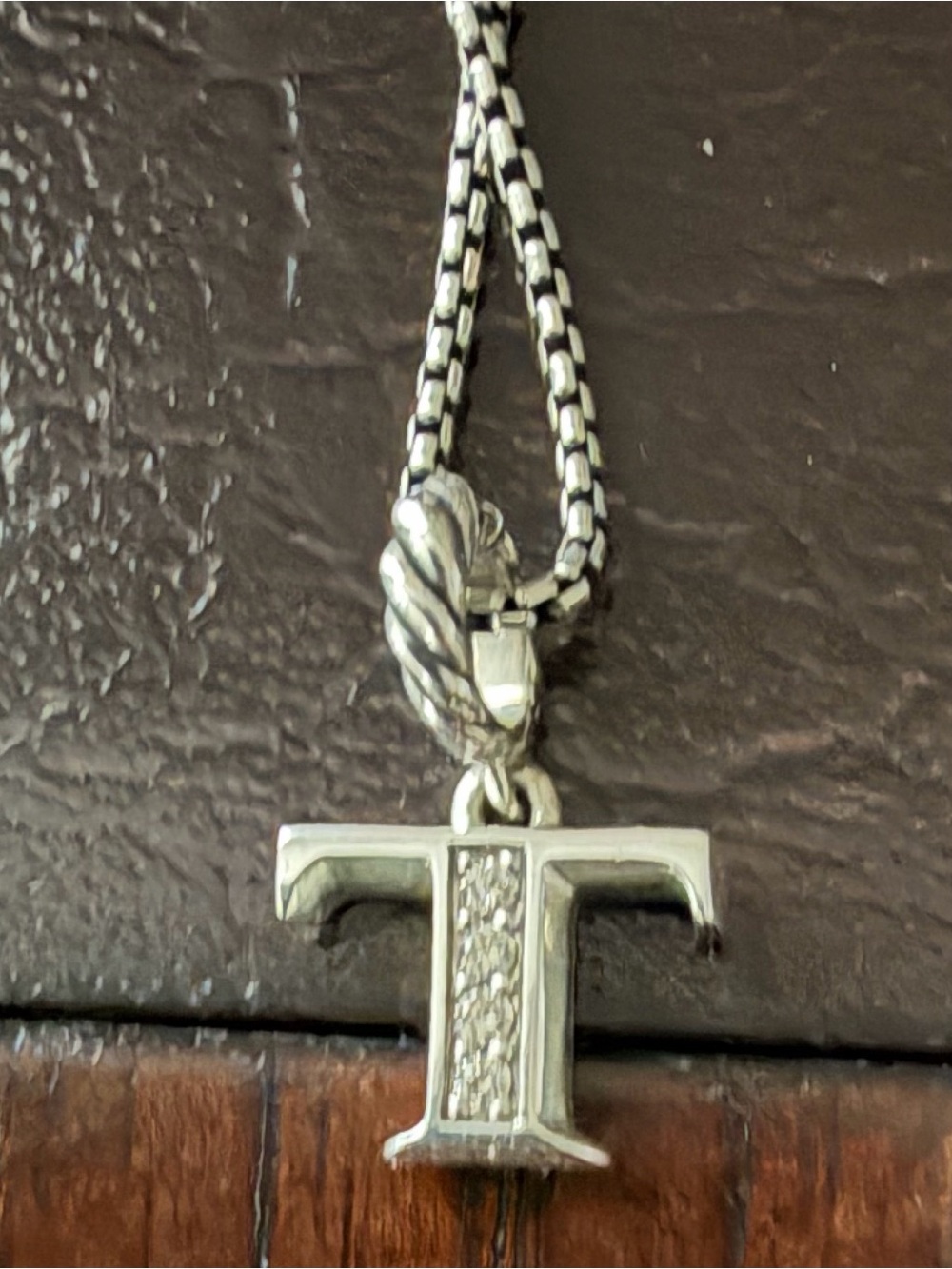 David Yurman Silver T Pendant Necklace with Cable Motif